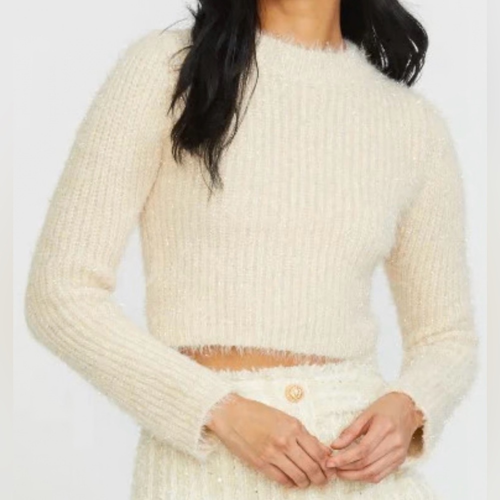 NWT ANTHROPOLOGIE Stellah Beige Lurex Cropped Sweater Sz XXS